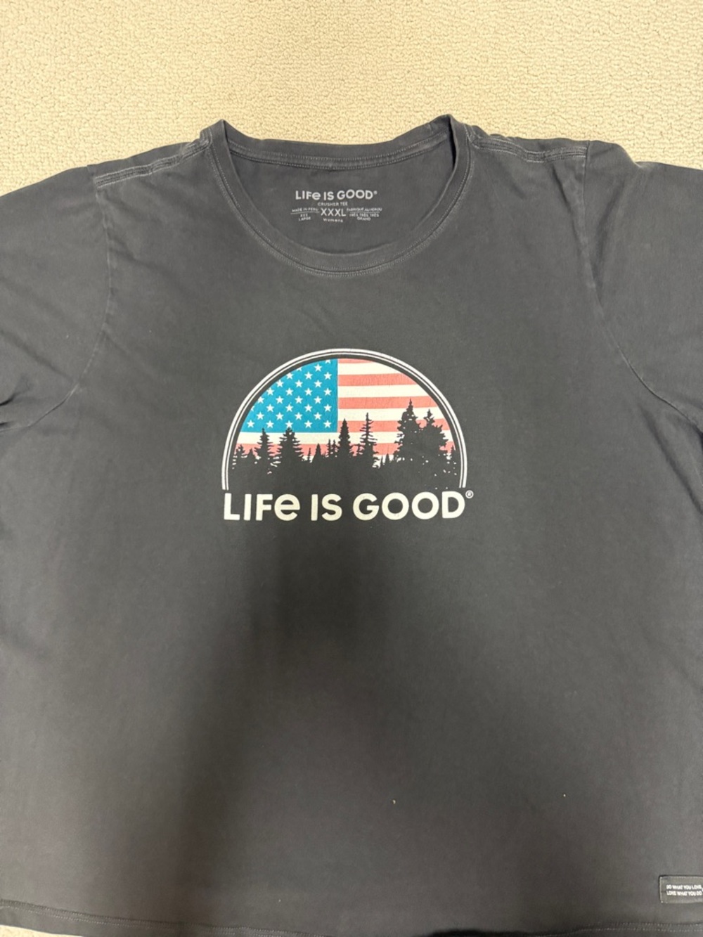 Life is Good Women’s Black Graphic Tee with American Flag Sunset